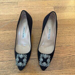 Manolo Blahnik Hangisi 90 Black Satin Pumps Heels Crystal Jewel Buckle